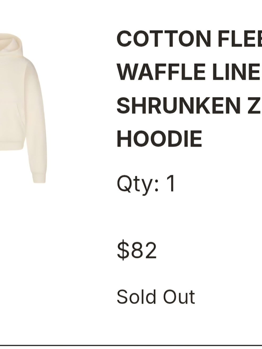 SKIMS Cotton Fleece Waffle Lined Shrunken Zip Hoodie - ECRU. NWOT. SMALL